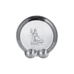 Stainless Steel Shiv Ji Pooja Thali Set Of 3, Silver | 1 Pooja Thali+ 2 Katoris - Easy To Clean & Dishwasher Safe
