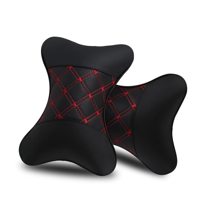 Faux Leather Car Neck Rest Pillow, Pillow Compatible With All Cars - Black & Red | Neck & Head While Driving Pillow For Neck Pain Relief | Light Weight, Adjustable - Pack Of 2