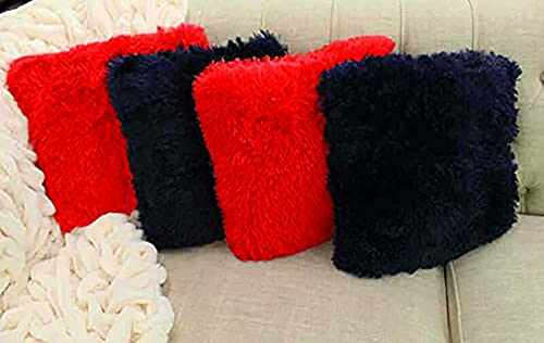 Small Fur Pillow, Cushions For Sofa - Red & Black Pillow, Standard Size - 12 X 12 Inches | Soft Pillow, Washable, Easy To Clean - Pack Of 4 | Best Pillow - Model 4