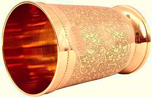 Pure Yellow Brass Luxury Water Glass Set Of 6 - 300ml Capacity Each Glass | Beautiful Floral Pattern - Pital Water Glass