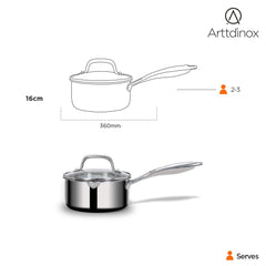 Stellar Stainless Steel Triply Saucepan With Straining Glass Lid - 16 Cm, 1.5 Liters | Milk Pan, Tea Pan Rivet Less Handle - Gas & Induction Base