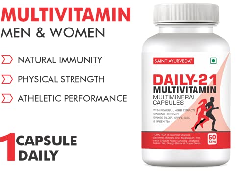 Saint Ayurveda Daily 21 Multivitamin For Men & Women With All 13 Vitamins, Minerals & 5 Powerful Herbs | 60 Capsules , 100gm 0.2lbs