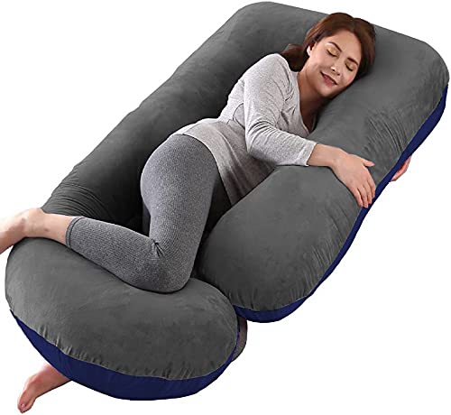 J Shaped Pillow, Pregnancy Pillow For Maternity & Baby Nursing - Grey & Dark Blue | Pregnant Women Stomach, Spine, Neck Support, Velvet Outer Cover With Zip, Adjustable, Multipurpose Use