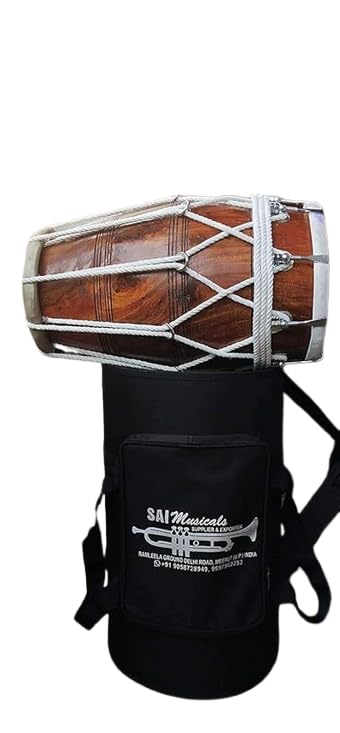 Sheesham Wood 18 Inch Dholak With Bag - Brown | Dholak For Festival, Wedding, Satsang - Very Easy To Tune, Goat Skin For Bast & Great Sound Quality