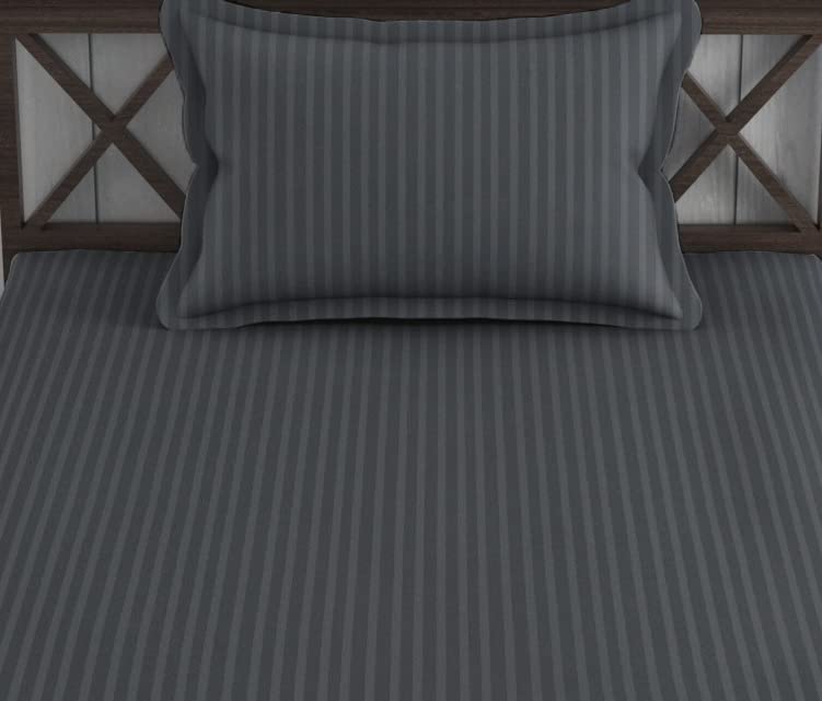 1 Bedsheet Single Satin Stripe Elastic Fitted With 1 Pillow Cover (36 X 78 Inches) Dark Grey | Lightweight, Soft & Breathable - Perfect For Gifting On Weddings Bedsheet