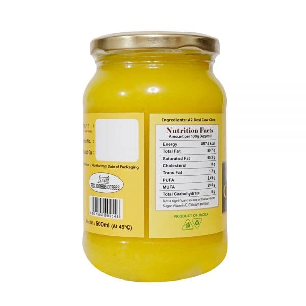 Premium A2 Desi Cow Ghee By Elworld | Rich In Proteins, Vitamins & Minerals Pure Desi Ghee Used To Make Delicious Foods | (500ml) 16.9 Ounce | Jar Pack