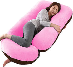 J Shaped Pillow, Pregnancy Pillow For Maternity & Baby Nursing - Pink & Brown | Pregnant Women Stomach, Hip, Spine, Neck Support, Velvet Outer Cover With Zip, Adjustable, Multipurpose Pillow