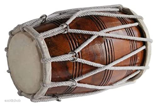 Sheesham Wood Dholak Rope Tuned - Brown | Perfectly Symmetric Round Dholak - Dholak For Festival, Wedding, Satsang | Goat Skin On The Tune & Bass Head