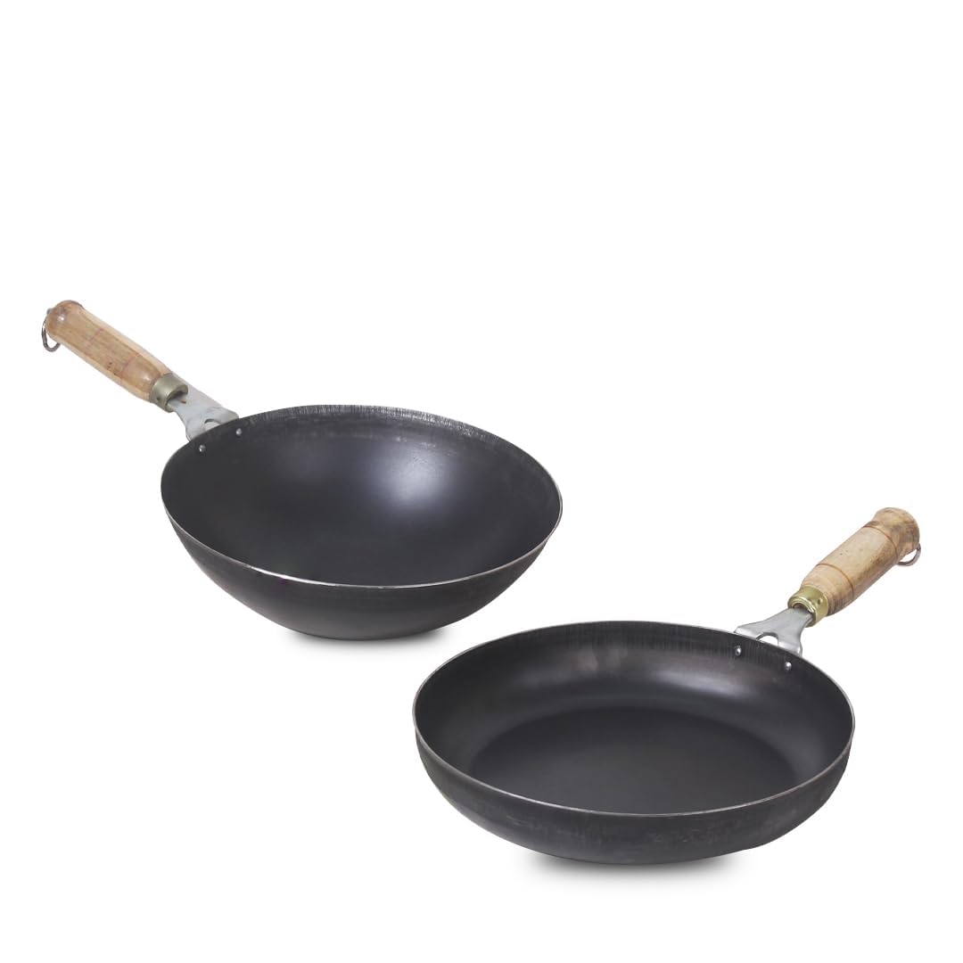 Pre-Seasoned Black Iron Cookware Set - Wok 25.4 Cm, 2.2 Liters + Fry Pan 24.7 Cm, 1.5 Liters | Kitchen Cooking Combo Pots & Pans Set Of 2 Pcs - Naturally Nonstick