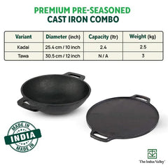 Pre-Seasoned Black Cast Iron Cookware Set + Free Iron Tadka Pan - Tawa 30.5cm + Kadai 25.4cm, 2.3 Liters | Kitchen Cooking Combo Pots & Pans Set Of 3 Pcs - Naturally Nonstick