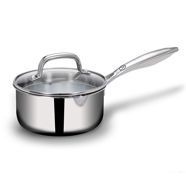 Stellar Stainless Steel Triply Saucepan With Straining Glass Lid - 16 Cm, 1.5 Liters | Milk Pan, Tea Pan Rivet Less Handle - Gas & Induction Base