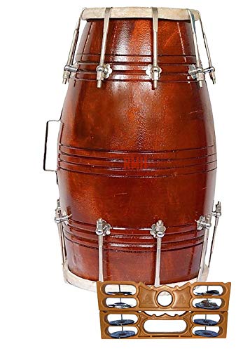 Wooden Nut & Rope Goat Skin Dholak With Khartal, Beautiful Shiny Color Brown 02 - Perfectly Symmetric Round Dholak | Dholak For Festival, Wedding, Satsang - Very Easy To Tune, Easy To Learn