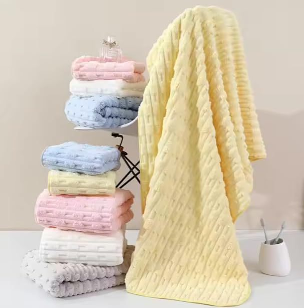 HomeCloud Korean Bath & Face Towel 400 Gsm | Plush Soft & Luxury Towel Set With Hanging Loop | 3x Softer Than Cotton Towels | Set Of 2 (Boxes Yellow)