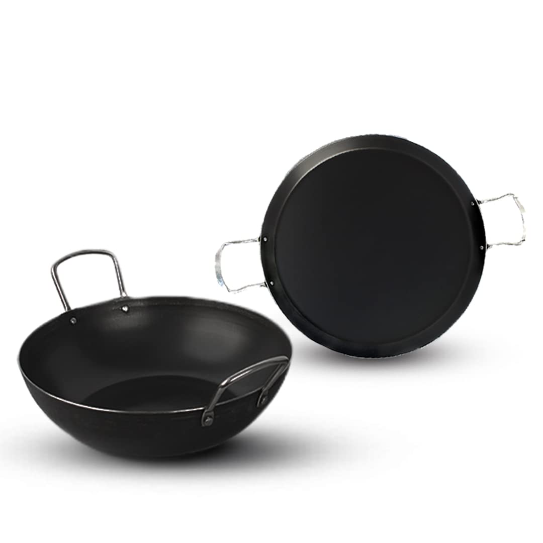 Pre-Seasoned Black Iron Cookware Set - Kadai 24.6 Cm, 2.7 Liters + Tawa 28.5 Cm | Kitchen Cooking Combo Pots & Pans Set Of 2 Pcs - Naturally Nonstick