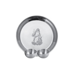 Stainless Steel Shiv Parvati Ji Pooja Thali Set Of 3, Silver | 1 Pooja Thali+ 2 Katoris - Easy To Clean & Dishwasher Safe