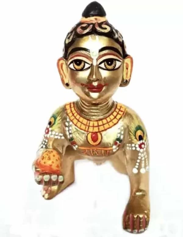 Ashtadhatu Brass Laddu Gopal God Idol, Bal Gopal Murti, Pure Brass, Gold Idol, Hand Painted Statue, Good Designing, Little Krishna Idol For Janmashtami Pooja, Home Décor Idol