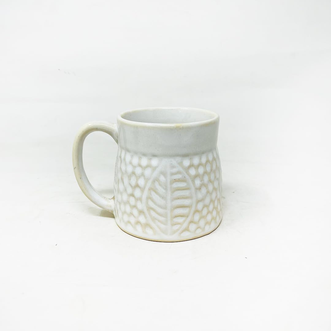 White Leaf Embossed Ceramic Coffee Mug Set Of 2 Pieces - 350ml Each | Studio Pottery Ceramic Mugs For Coffee, Tea, Milk - Microwave Safe & Leak Proof
