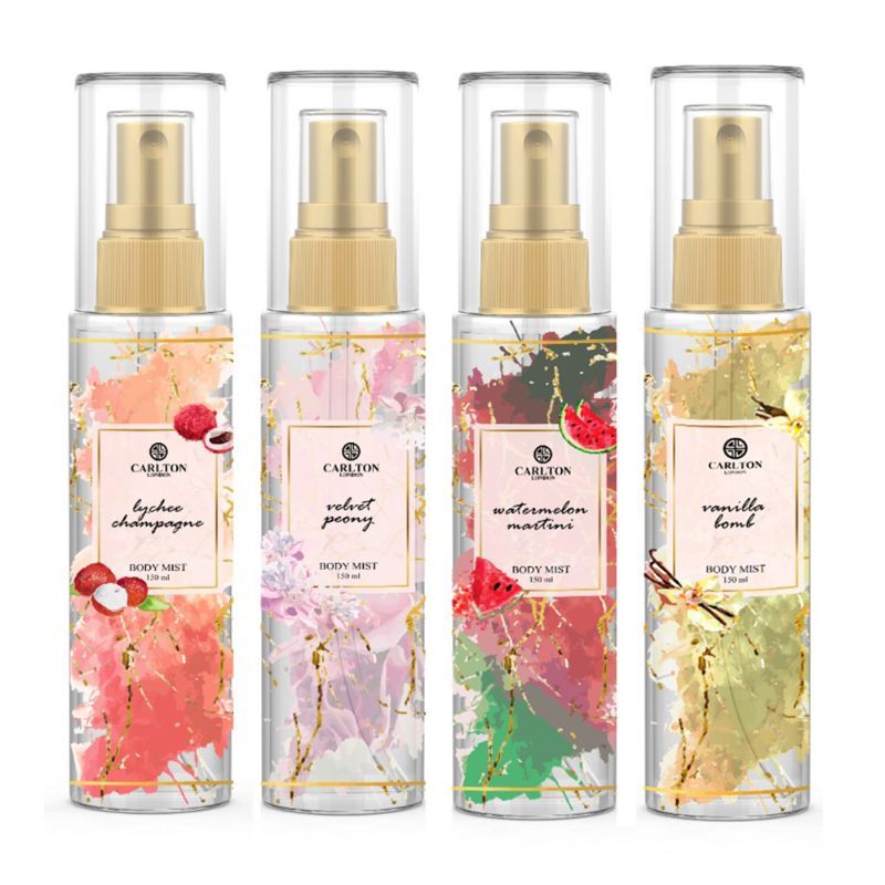 CARLTON LONDON PERFUME COMBO LYCHEE, VELVET PEONY, VANILLA AND WATERMELON BODY MIST 150ML 5.0 FL.OZ. EACH SET OF 4