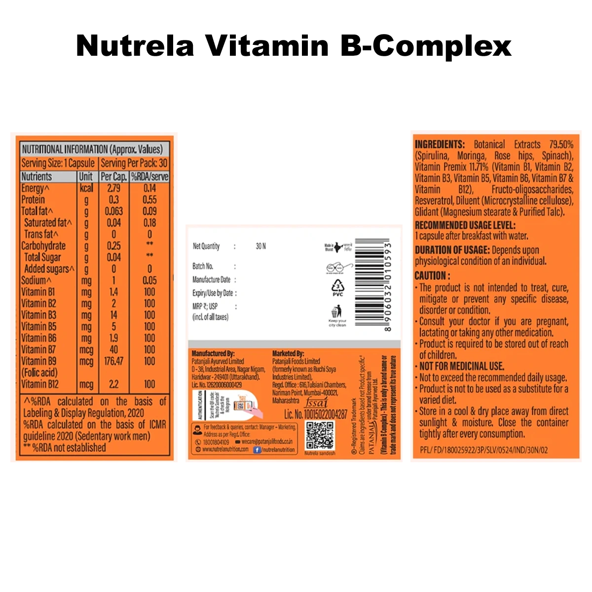 Patanjali Combo-Nutrela Collagenprash (400g) + Nutrela B12 Capsule (30n) + B-Complex (30n), 432gm