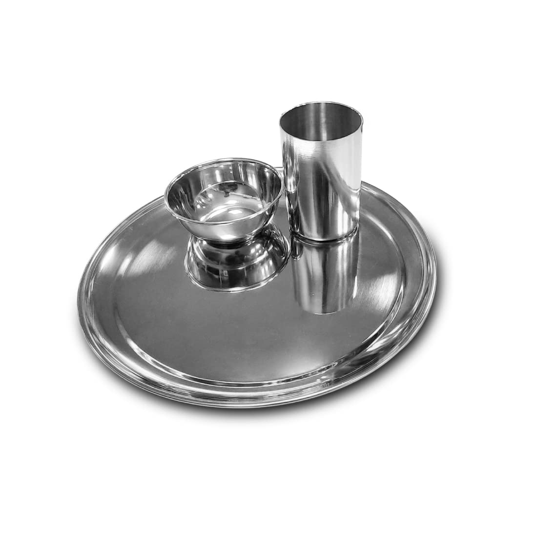 Stainless Steel Shagun Solid Dinner Set Of 3 Pcs, Silver | 1 Dinner Plate+ 1 Bowl+ 1 Glass - Dishwasher Safe