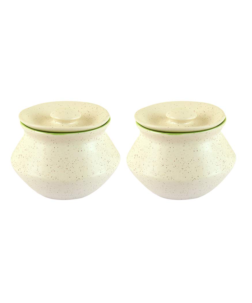 Ceramic Matt Finish Handi With Lid Set Of 2 - 300ml Each, White & Green | Dahi Handi - Serving Pot - Biryani Handi