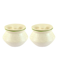 Ceramic Matt Finish Handi With Lid Set Of 2 - 300ml Each, White & Green | Dahi Handi - Serving Pot - Biryani Handi