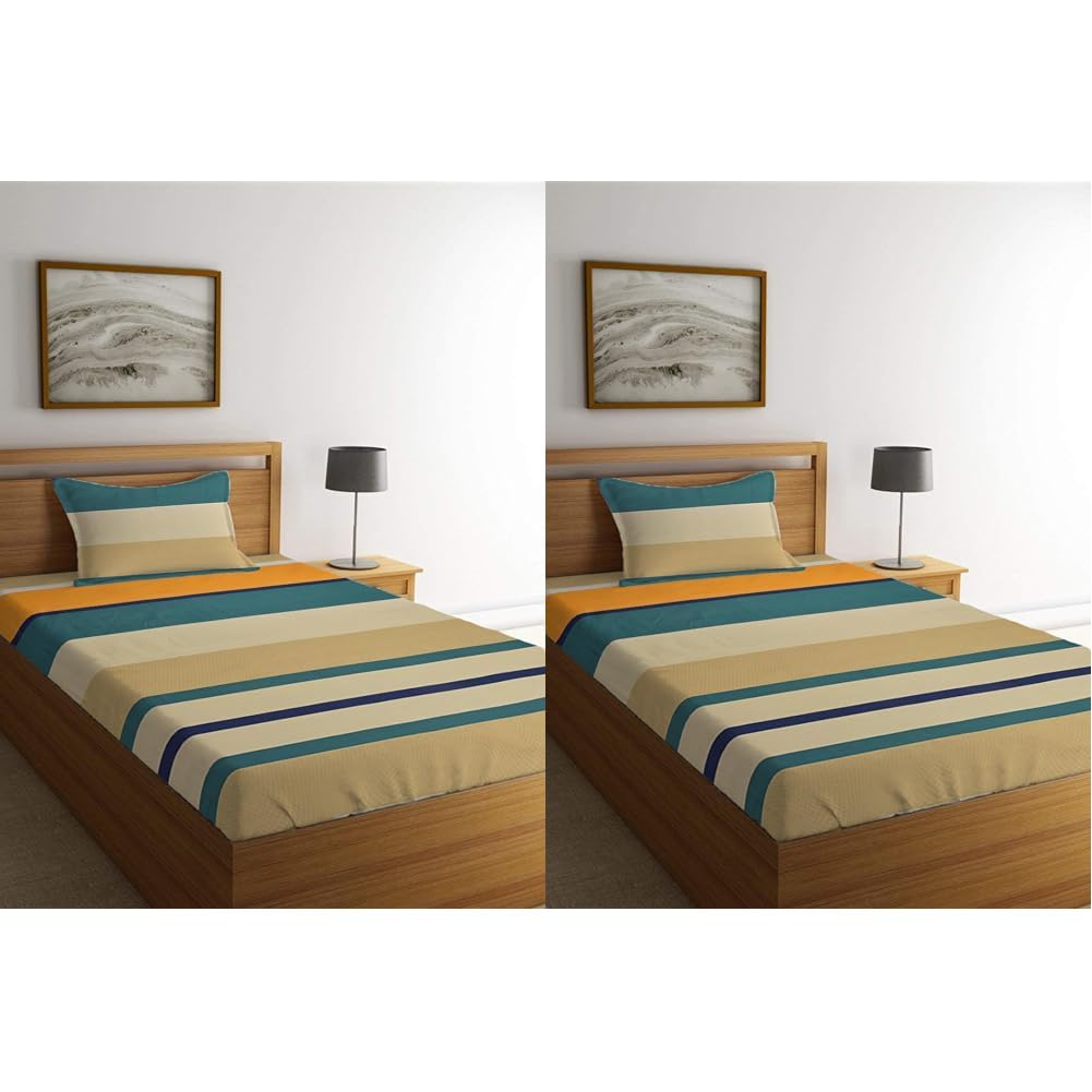 Print Cotton Single Bedsheet With 2 Pillow Cover - 60 X 90 Inches, Beige & Yellow | Soft & Breathable Fabric, Skin-Friendly Bed Sheet For All Seasons | Pack Of 2