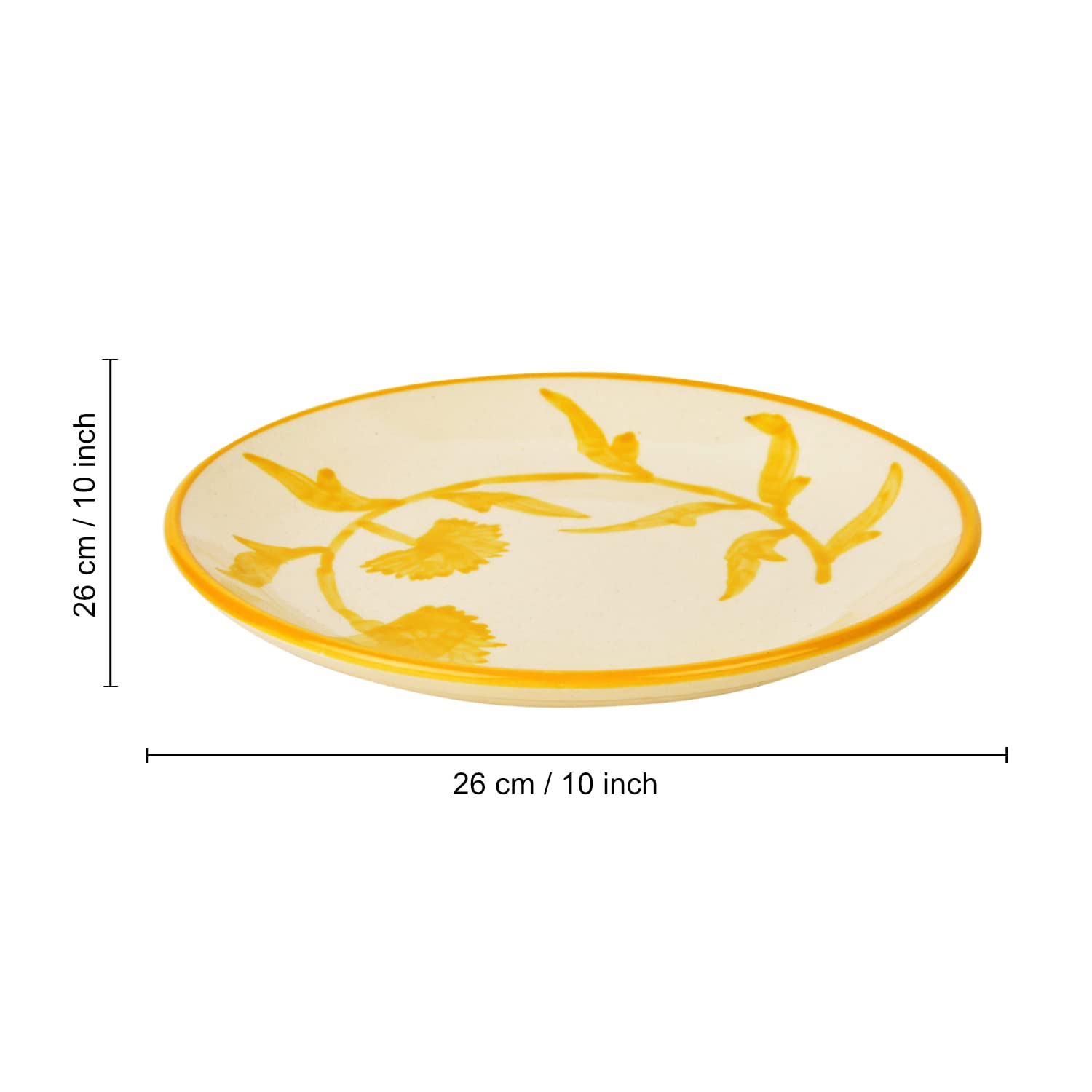 Hand Painted Ceramic Floral Dinner Serving Plates Set Of 4 - Yellow & Off White, Diameter: 10 Inches | Full Plates - The Lucid Yellow Collection