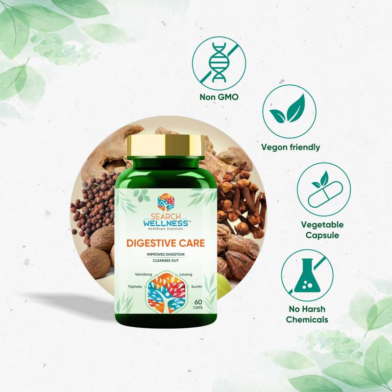 Search Wellness Digestive Care Natural & Herbal Capsules For Better Digestive Function & Healthy Gut, Ayurvedic Medicine For Healthy Digestion & Boost Immunity | 60 Capsules, 100gm 0.2lbs