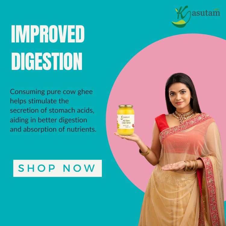 100% Natural A2 Desi Cow Ghee By Kasutam | High In Vitamins, Minerals Healthy Desi Cow Ghee Perfect For Sweets | (500ml) 16.9 Ounce | Jar Pack