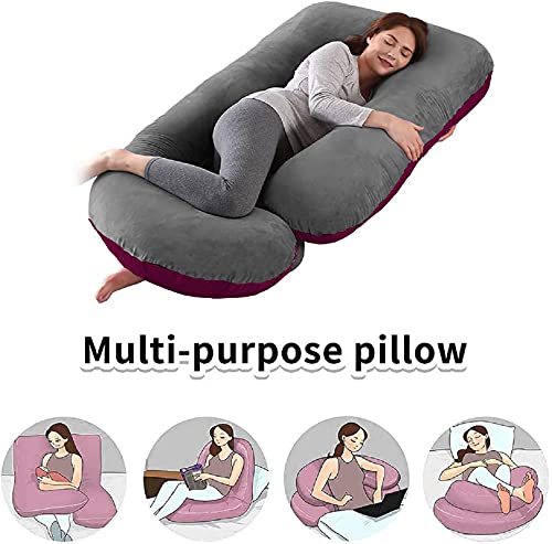 J Shaped Pillow, Pregnancy Pillow For Maternity & Baby Nursing - Wine & Grey | Pregnant Women Stomach, Hip, Spine, Neck Support, Velvet Outer Cover With Zip, Adjustable, Multi-Purpose Pillow
