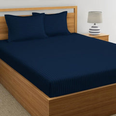 Elastic Fitted Bedsheet For Double Bed With Two Pillow Covers | King Size - 72 X 78 Inches, Navy Blue | Durable & Soft Fabric Offers Comfort