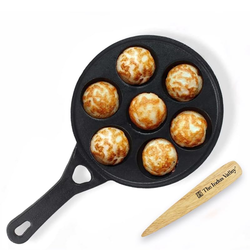 Pre-Seasoned Black Cast Iron Paniyaram Pan With Free Wooden Picker - 7 Pits, 21cm, 8.3 Inch, 1.7 Kg | Induction Friendly, Pre-Seasoned Paddu Pan, 100% Pure & Toxin-Free, No Chemical Coating