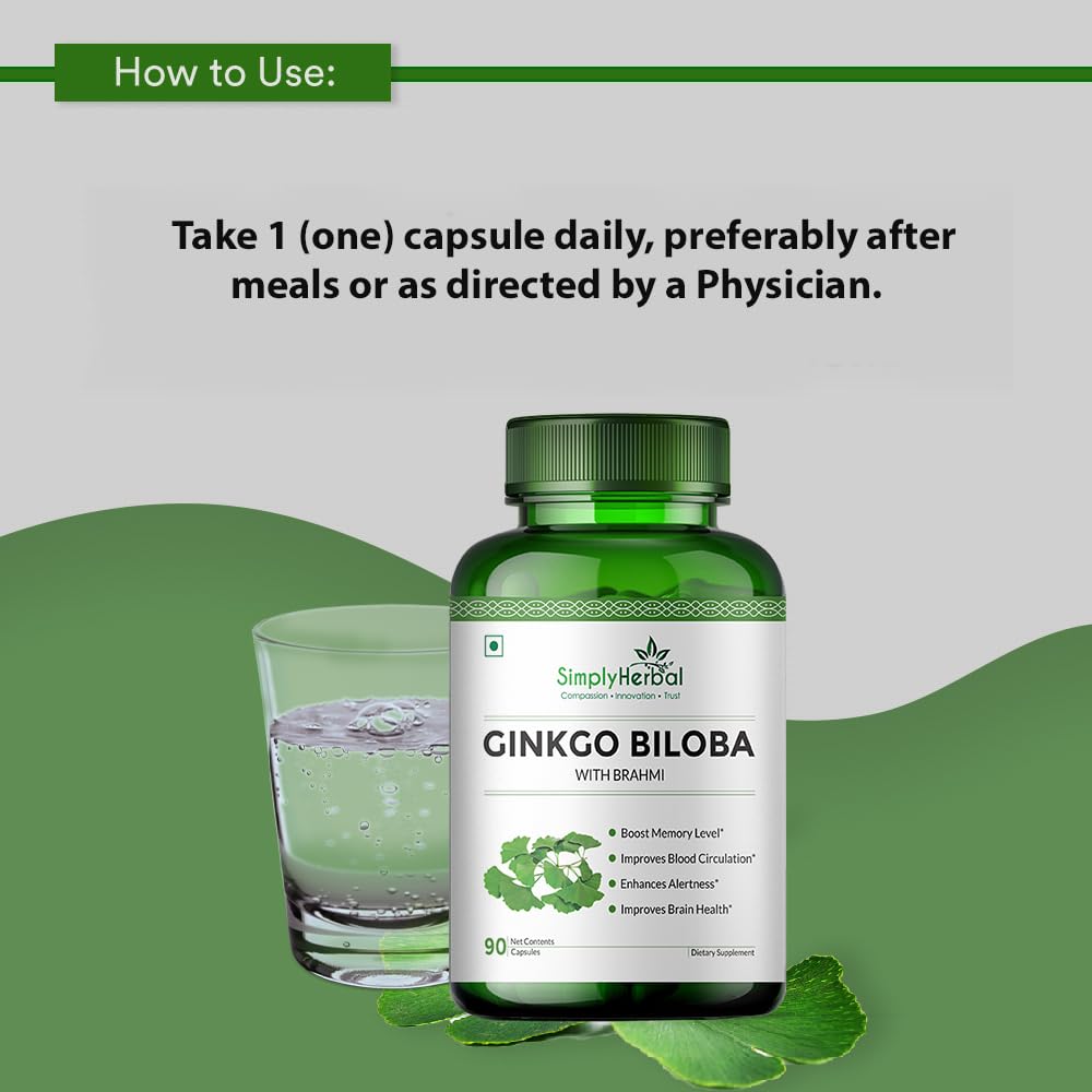 Simply Herbal Ginkgo Biloba 120mg With Bacopa Monnieri Extract Brahmi 380mg For Better Concentration, Improves Blood Circulation, Enhance Alertness, Memory & Learning | 90 Capsules 100gm 0.2lbs