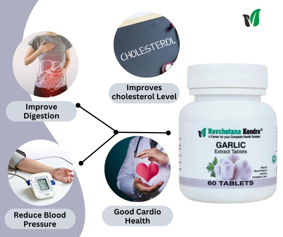 Navchetana Kendra Garlic Tablets For Cholesterol Reduce Blood Pressure, Improve Digestion & Help To Strengthens Bones | 60 Tablets 100gm 0.2lbs