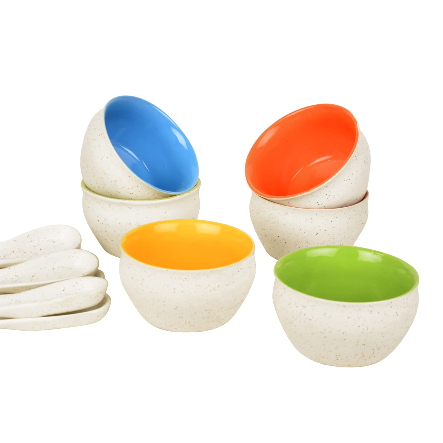 Ceramic Matt Finish Soup Bowls With Spoon Set Of 6 - 200ml Each, White & Multicolor | Ceramic Maggi Bowls - Cereal Bowls