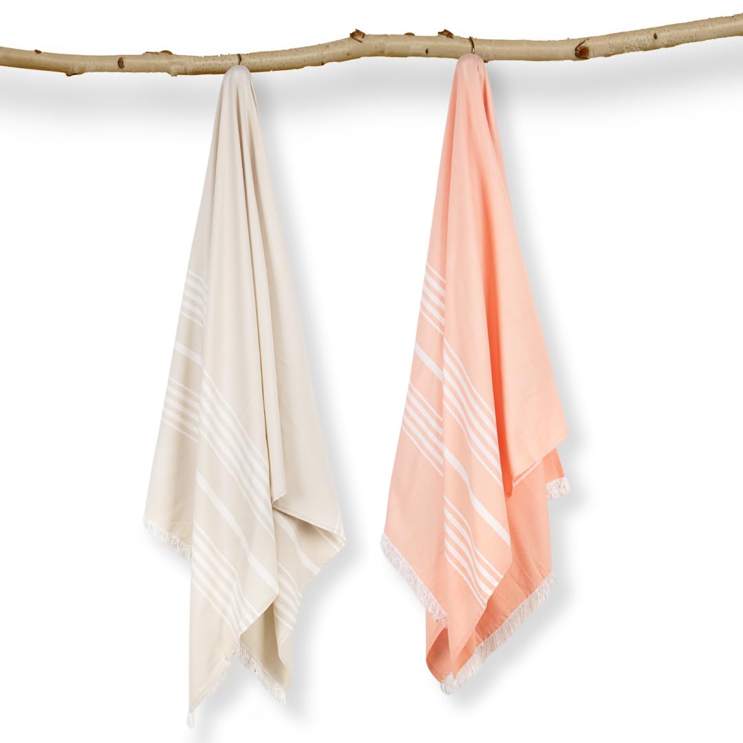 Mush 100% Bamboo Large Bath Towel 280 Gsm | Ultra Soft, Absorbent, Light Weight, & Quick Dry Towel For Bath, Travel, Gym, Beach, Pool & Yoga (Beige & Peach) 250 Tc - Pack Of 2