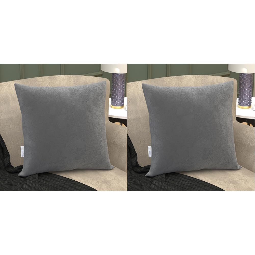 Microfiber Square Soft Pillow Cushion For Sofa & Bed, Grey - 24 X 24 Inch | Fluffy Pillow For Comfort & Back Support | Washable, Hypoallergenic | Premium Velvet Cover With Zip - Pack Of 2