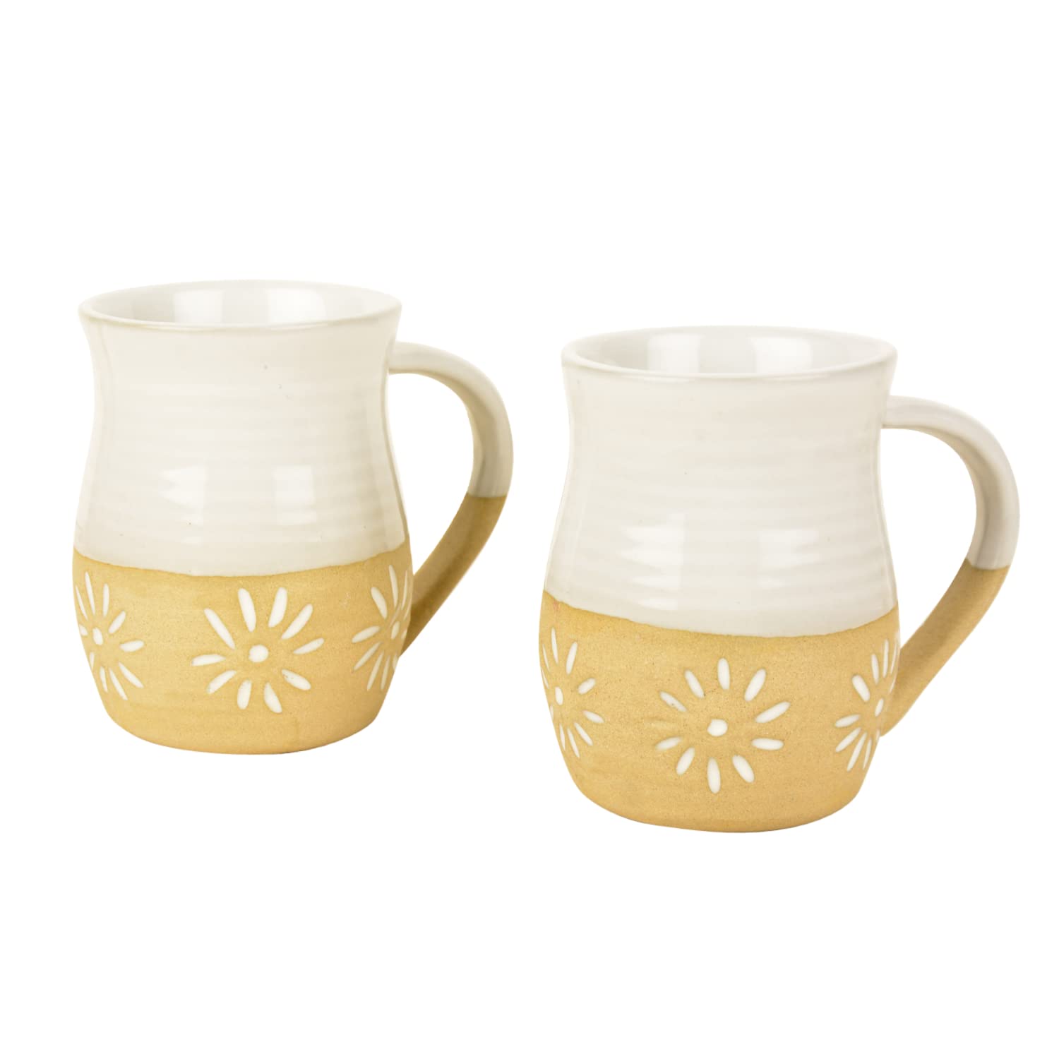 Dual Tone Studio Pottery Ceramic Coffee Mugs Set Of 2 - 350ml Each, Off White & Light Brown | Milk Mugs - Tea Cups & Mugs