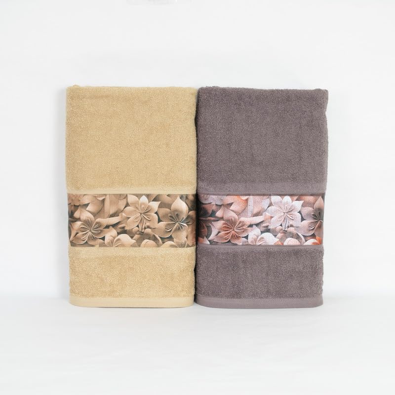 Rangoli 100% Cotton Fibre Bath Towels 1000 Gsm | Highly Durable & Absorbent With Printed Border | Quick Drying Towels (Beige & Brown) - Pack Of 2