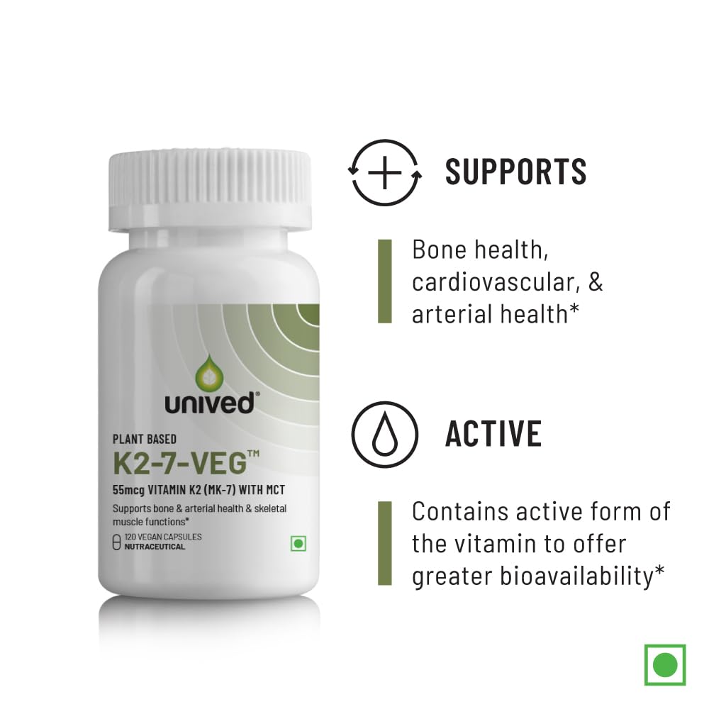 Unived Vitamin K2-7 (Menaquingold) 55mcg, Plant - Based Vitamin Mk-7, For Optimal Calcium Absorption, Heart & Bone Health | 120 Veg Capsules , 200gm 0.4lbs