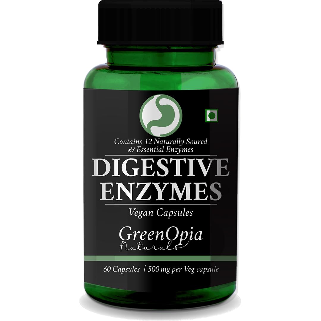 Greenopia Naturals Digestive Enzymes, Vegan Capsules, 500mg Per Capsule With Carbohydrates, And Fibre | 60 Capsules, 100gm 0.2lbs