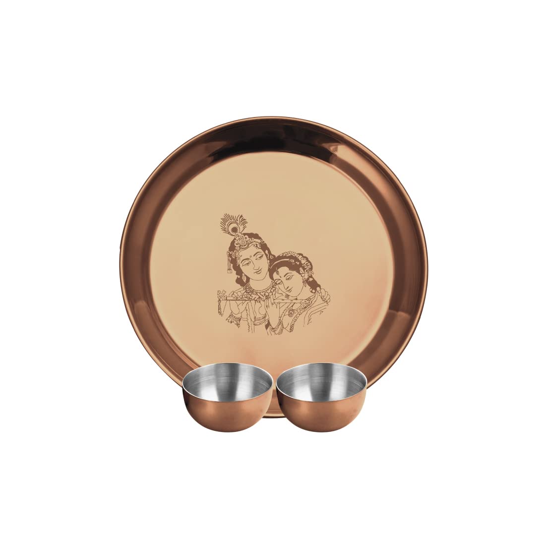 Stainless Steel Radha Krishna Pooja Thali Set Of 3, Rose Gold PVD Coating | 1 Pooja Thali+ 2 Katoris - Easy To Clean & Dishwasher Safe