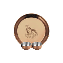 Stainless Steel Radha Krishna Pooja Thali Set Of 3, Rose Gold PVD Coating | 1 Pooja Thali+ 2 Katoris - Easy To Clean & Dishwasher Safe