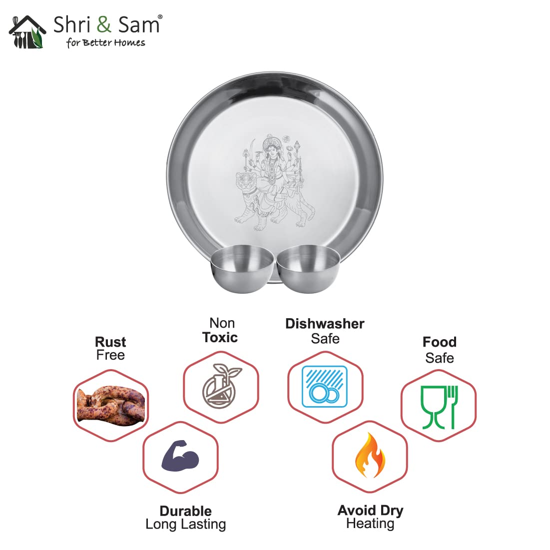 Stainless Steel Durga Mata Pooja Thali Set Of 3, Silver | 1 Pooja Thali+ 2 Katoris - Easy To Clean & Dishwasher Safe