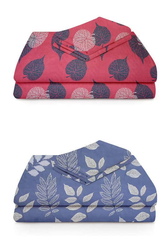 Cotton Printed 2 Single Bedsheets With With 2 Pillow Cover | 58 X 88 Inches, Pink & Grey - Super Soft Premium Brushed Glace Cotton Bedsheet, Breathable & Wrinkle Free