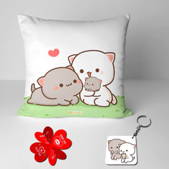 Foam Peach & Goma Mochi Cat Pillow Cushion, Keychain With Card, White Color | Peach Goma Pillow, For Boyfriend, Valentines Gift For Girlfriend, Pillow For Couple, Model No - Combo 05