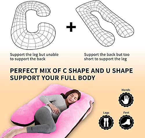 J Shaped Pillow, Pregnancy Pillow For Maternity & Baby Nursing - Pink & Brown | Pregnant Women Stomach, Hip, Spine, Neck Support, Velvet Outer Cover With Zip, Adjustable, Multipurpose Pillow