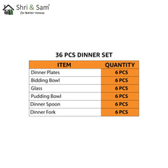 Stainless Steel Shagun Solid Dinner Set Of 36 Pcs, Silver | 6 Dinner Plates+ 6 Bidding Bowls+ 6 Pudding Bowls+ 6 Glasses+ 6 Dinner Spoons+ 6 Dinner Forks - Dishwasher Safe