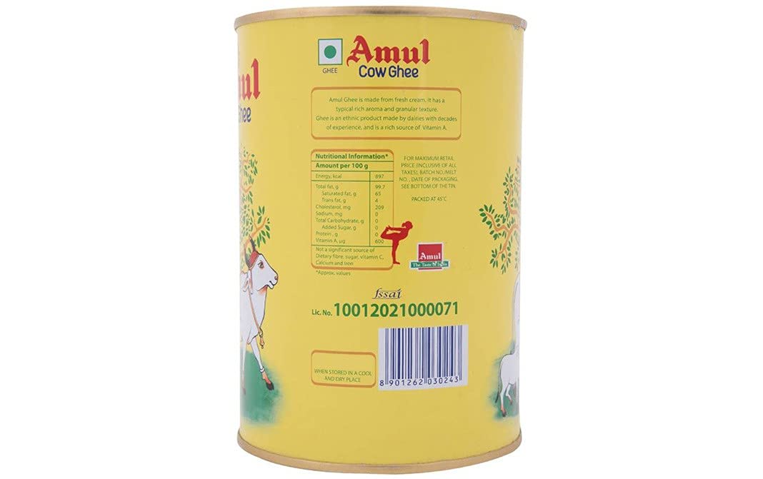 Natural Premium Cow Ghee By Amul | High In Fiber Healthy & Nutritious Pure Cow Ghee Good For Halwa | (1 Litr) 33.8 Ounce | Tin Pack